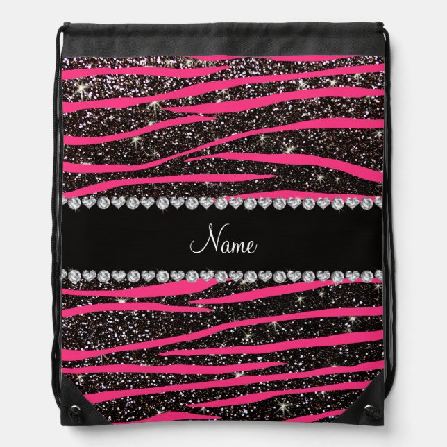 Custom name hot pink zebra stripes black glitter drawstring bag (Front)