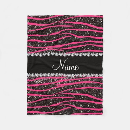 Custom name hot pink zebra stripes black glitter fleece blanket