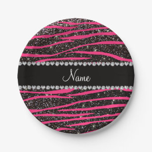 Custom name hot pink zebra stripes black glitter paper plates