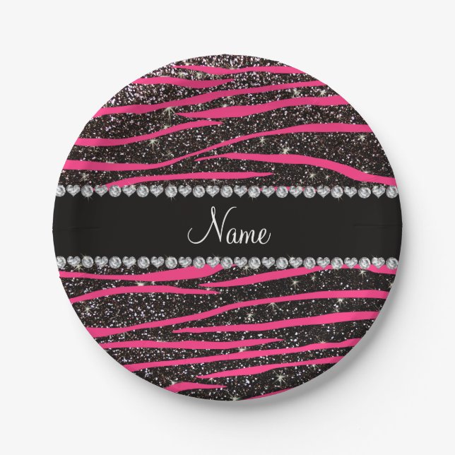 Custom name hot pink zebra stripes black glitter paper plates (Front)