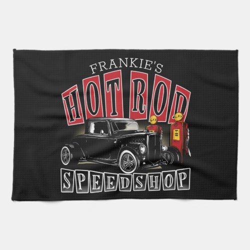 Custom NAME Hot Rod Speed Shop Gas Station Garage Kitchen Towel