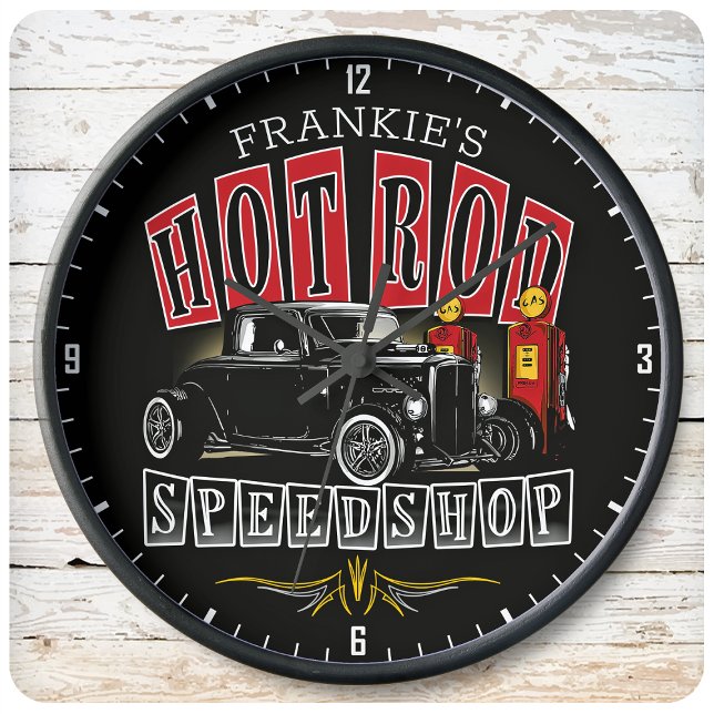 Custom NAME Hot Rod Speed Shop Gas Station Garage Large Clock (Creator Uploaded)
