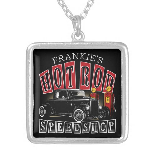 Custom NAME Hot Rod Speed Shop Gas Station Garage Silver Plated Necklace