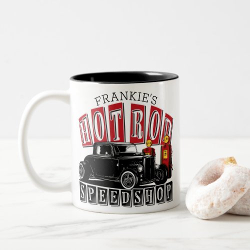 Custom NAME Hot Rod Speed Shop Gas Station Garage Two_Tone Coffee Mug