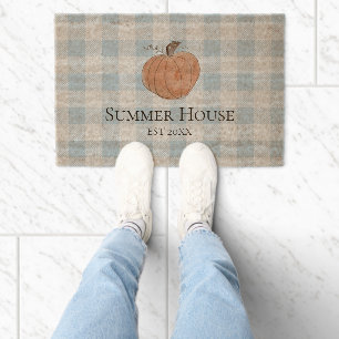 Custom Name House Pumpkin Gingham Check Coastal Fiber Doormat