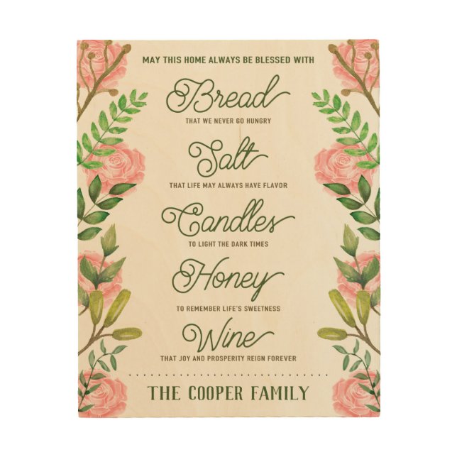 Custom Name Housewarming Bread Salt Wine Quote Wood Wall Art (Front)