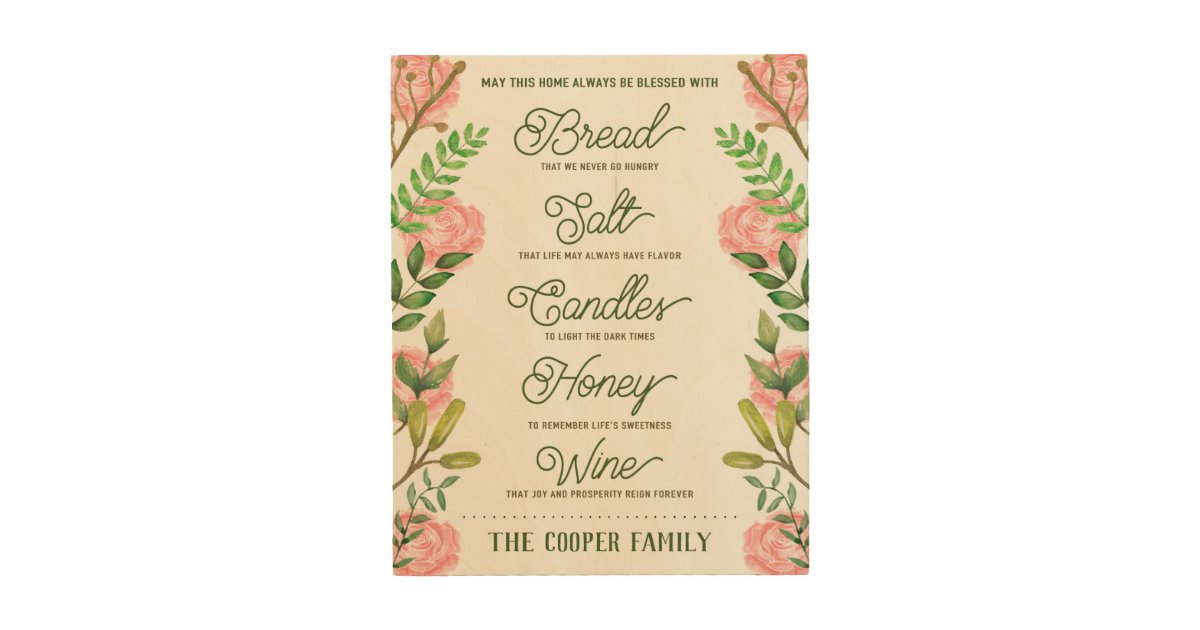 Custom Name Housewarming Bread Salt Wine Quote Wood Wall Decor | Zazzle.com