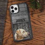 Custom Name Hunting Dog Rustic Yellow Lab Camo iPhone 13 Pro Case<br><div class="desc">Custom Hunting  Dog Otterbox Case - This phone case features your name on a wood board background and a labrador dog on a muted camo pattern.</div>