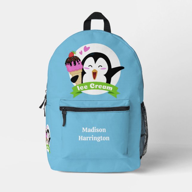Custom Name Ice Cream Penguin Printed Backpack (Front)