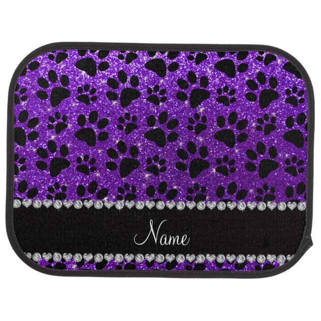 Custom name indigo purple glitter black dog paws car floor mat (Rear)