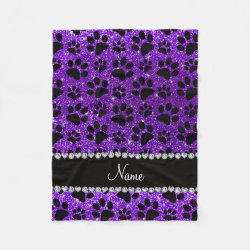 Custom name indigo purple glitter black dog paws fleece blanket