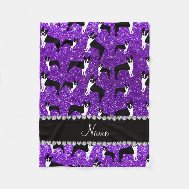 Custom name indigo purple glitter boston terrier fleece blanket (Front)