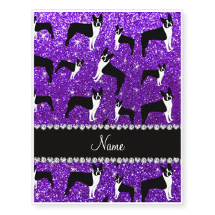 Custom name indigo purple glitter boston terrier temporary tattoos