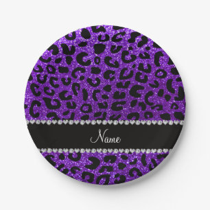 Custom name indigo purple glitter cheetah print paper plates