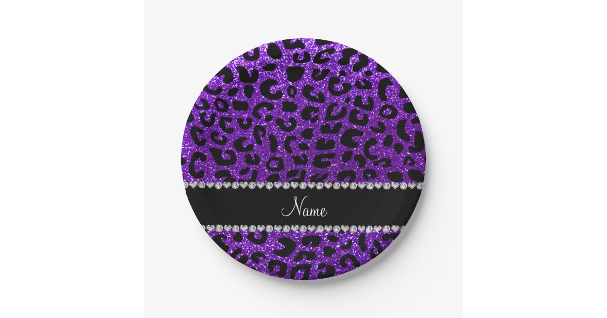 Custom name indigo purple glitter cheetah print paper plates | Zazzle