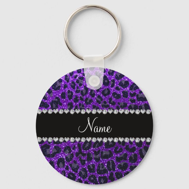 Custom name indigo purple glitter leopard print keychain (Front)