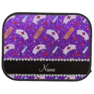 Custom name indigo purple glitter nurse hats heart car mat