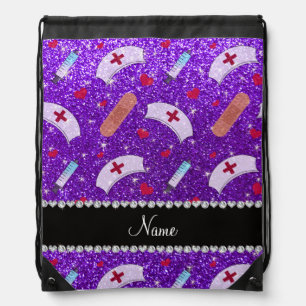 Custom name indigo purple glitter nurse hats heart drawstring bag