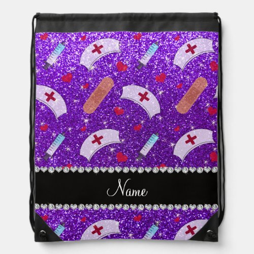 Custom name indigo purple glitter nurse hats heart drawstring bag