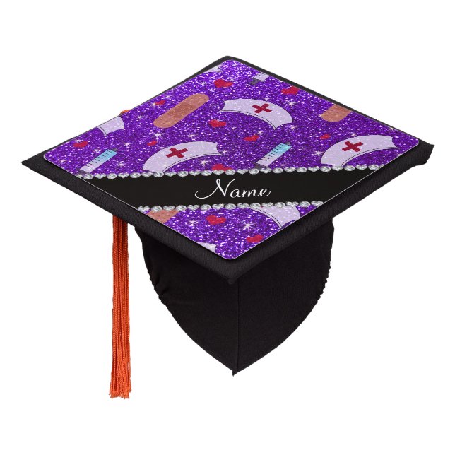Custom name indigo purple glitter nurse hats heart graduation cap topper (Angled)