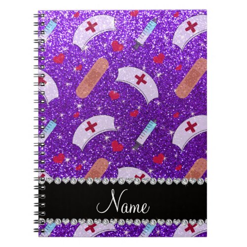 Custom name indigo purple glitter nurse hats heart notebook