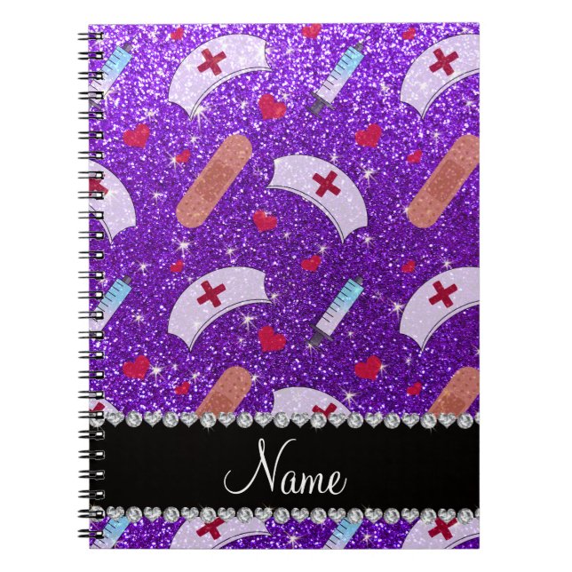 Custom name indigo purple glitter nurse hats heart notebook (Front)
