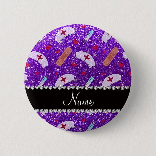 Custom name indigo purple glitter nurse hats heart pinback button (Front)