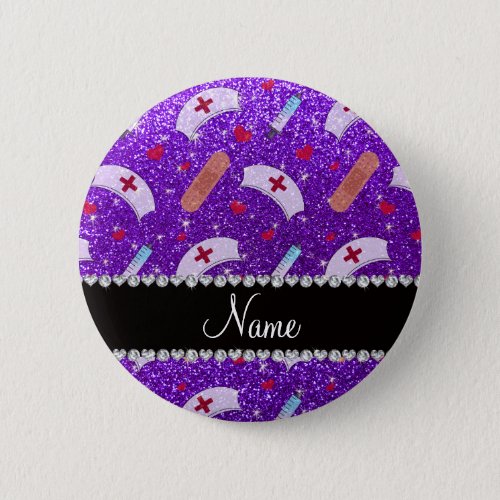 Custom name indigo purple glitter nurse hats heart pinback button