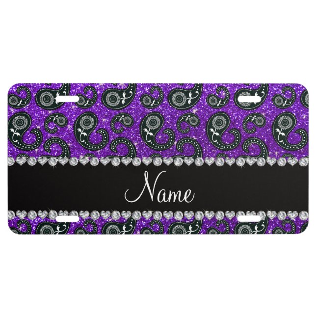 Custom name indigo purple glitter paisley license plate (Front)