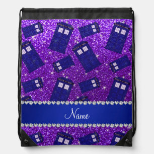 Custom name indigo purple glitter police box drawstring bag