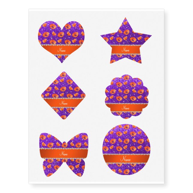 Custom name indigo purple glitter poppy flowers temporary tattoos (Front)