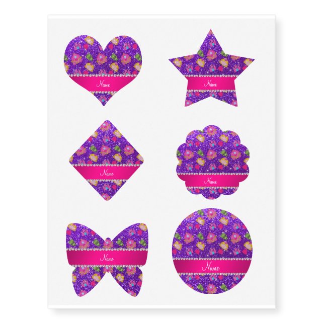 Custom name indigo purple glitter princess frogs temporary tattoos (Front)