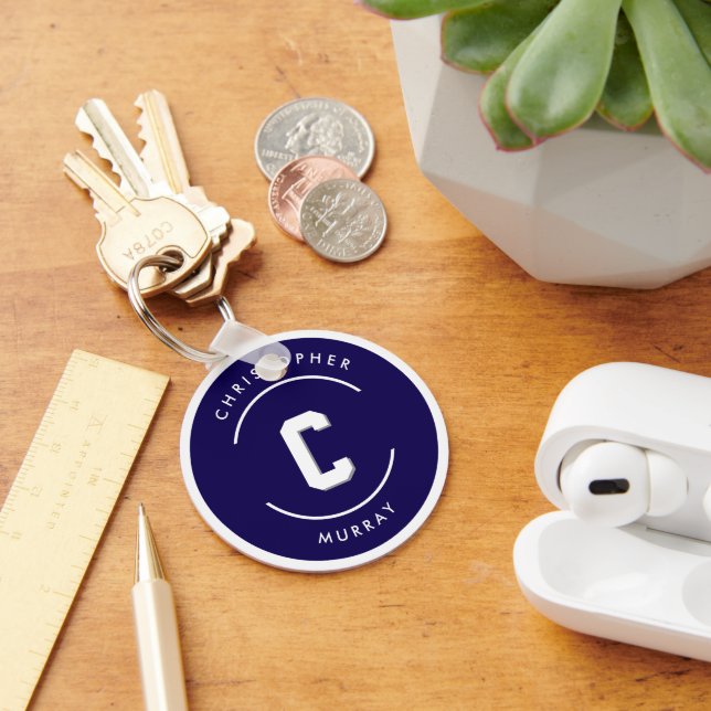 Custom Name Initial Alphabet Text Navy Circle  Keychain (Desk)