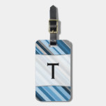 [ Thumbnail: Custom Name Initial + Blue and Grey Stripes Luggage Tag ]