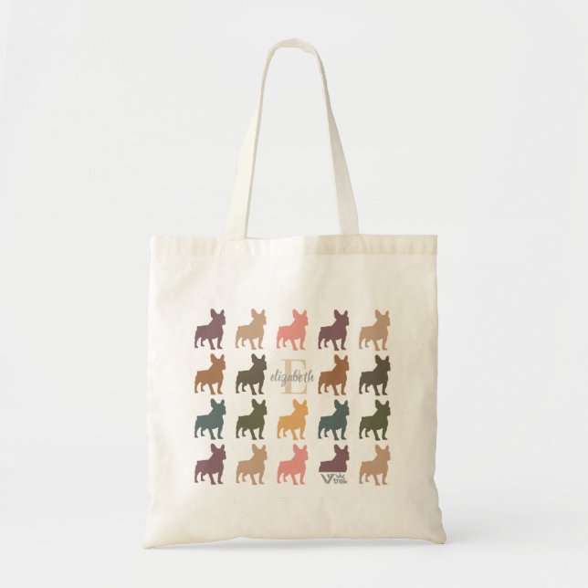 Custom Name Initial French Bulldog Retro Floral Tote Bag (Front)