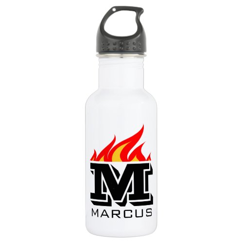 Custom name initial monogram flaming text stainless steel water bottle