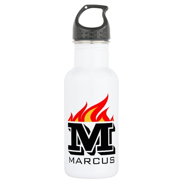 Custom name initial monogram flaming text stainless steel water bottle (Front)