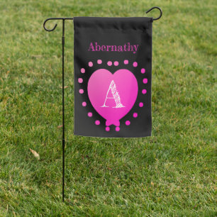 Custom Name Initial Pink Polka Dot Heart Outside Garden Flag