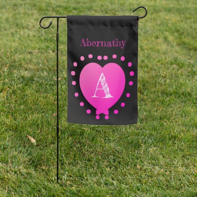 Custom Name Initial Pink Polka Dot Heart Outside Garden Flag (In SItu)