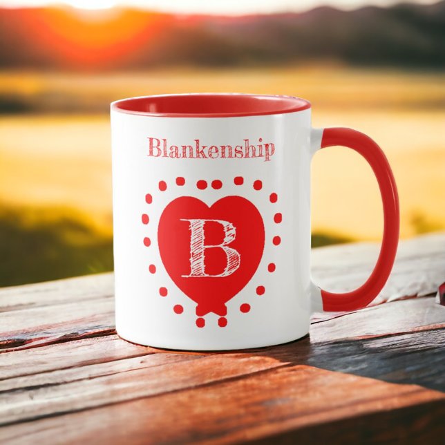 Custom Name Initial Polka Dot Red Heart Mug (Indoors or outdoors enjoy your favorite beverage in this two sided custom designed ceramic mug. )