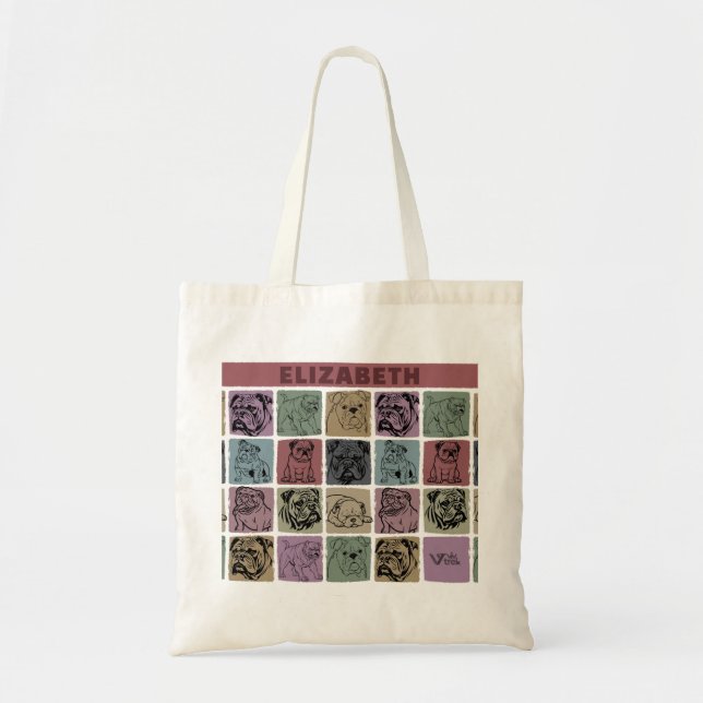 Custom Name Initial Retro Bulldog Floral Gift Tote Bag (Front)