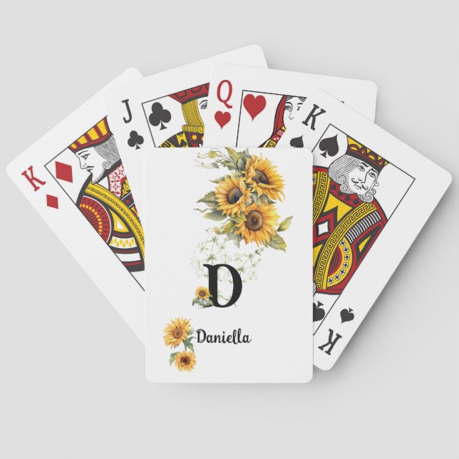Custom Name Initial Rustic Sunflowers Yellow Poker Cards (Back)