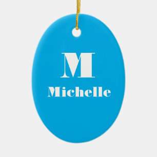 Custom Name Initial Solid Color Blue Ceramic Ornament