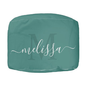 Custom Name Initial solid teal or turquoise green Pouf
