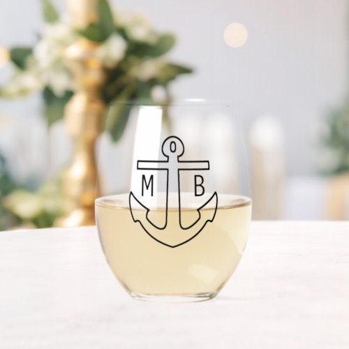 Custom Name Initials Simple Black Nautical Anchor Stemless Wine Glass