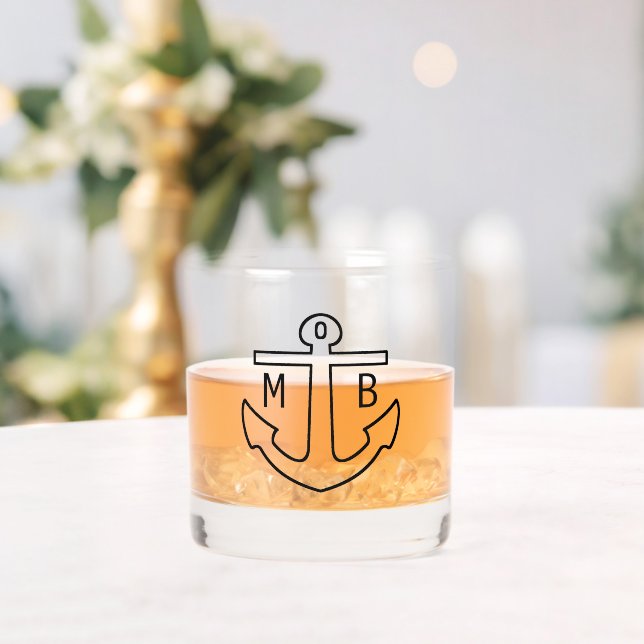 Custom Name Initials Simple Black Nautical Anchor Whiskey Glass (Insitu (Wedding))