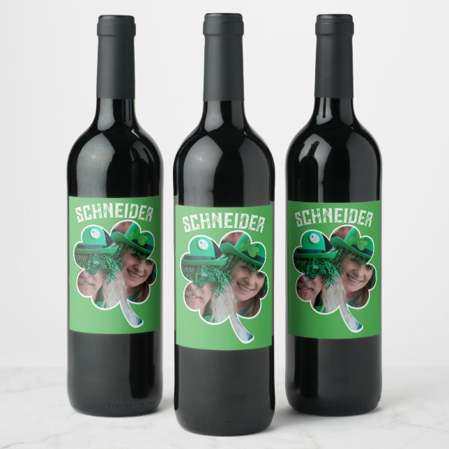 Custom Name Irish clover photo St Patricks Day Wine Label (Bottles)