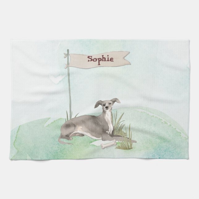 Custom Name Italian Greyhound Pet Dog Kitchen Towel (Horizontal)