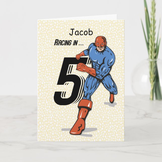 Custom Name, Jacob, 5th Birthday Superhero Card (Front)