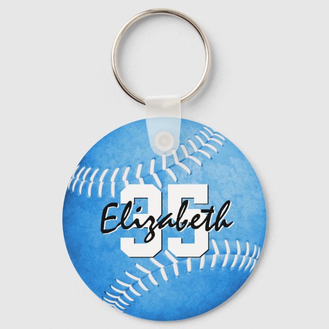 custom name jersey number girls blue softball keychain (Front)